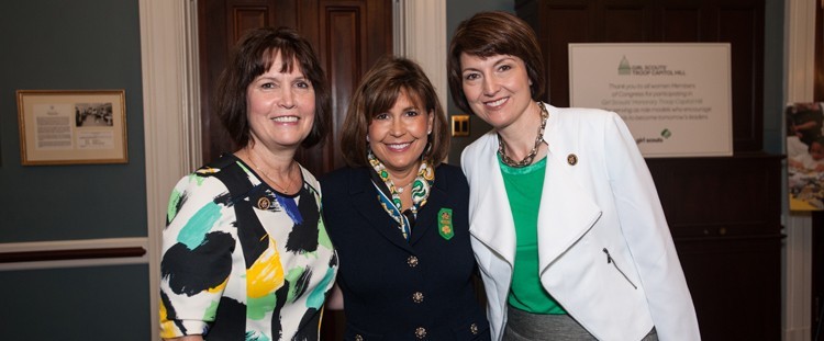 Members of Girl Scouts’ Troop Capitol Hill with GSUSA’s former National Board President. From left to right: Representative Betty McCollum, former National Board President Kathy Hopinkah Hannan, and Representative Cathy McMorris Rodgers.